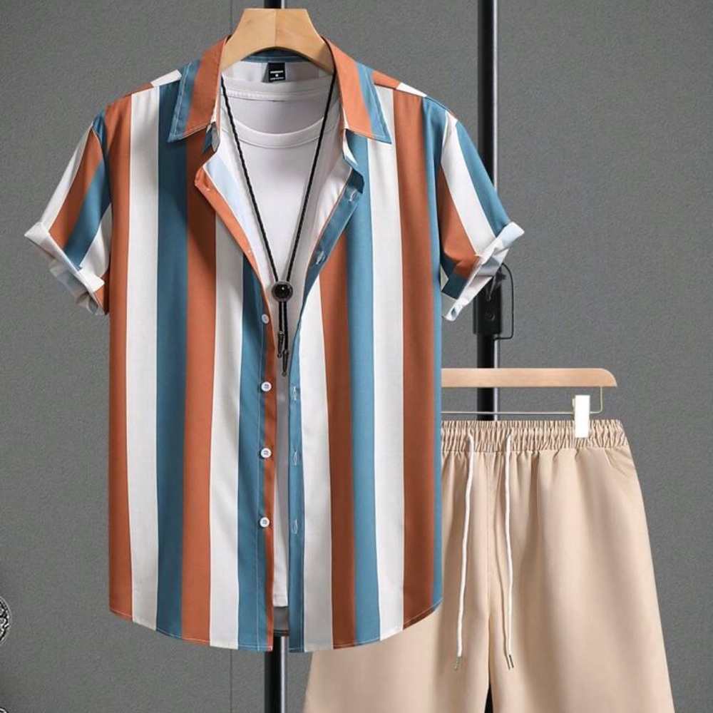 Manfinity Men's Color Block Striped Short Sleeve Shirt And Solid Color Shorts